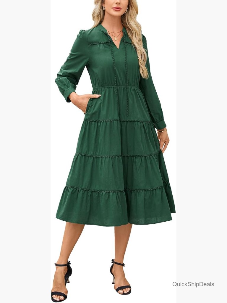 Long Sleeve Tiered Midi Dress V Neck Elastic Waist Flowy Ruffle Dress With